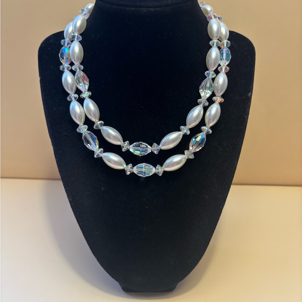 🌻Vintage Silver Tone Faux Pearl & AB Crystal Choker/Necklace 14”+2”
